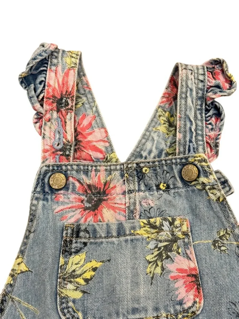 Gap Toddler Floral Denim Overalls 2T With Ruffle Straps